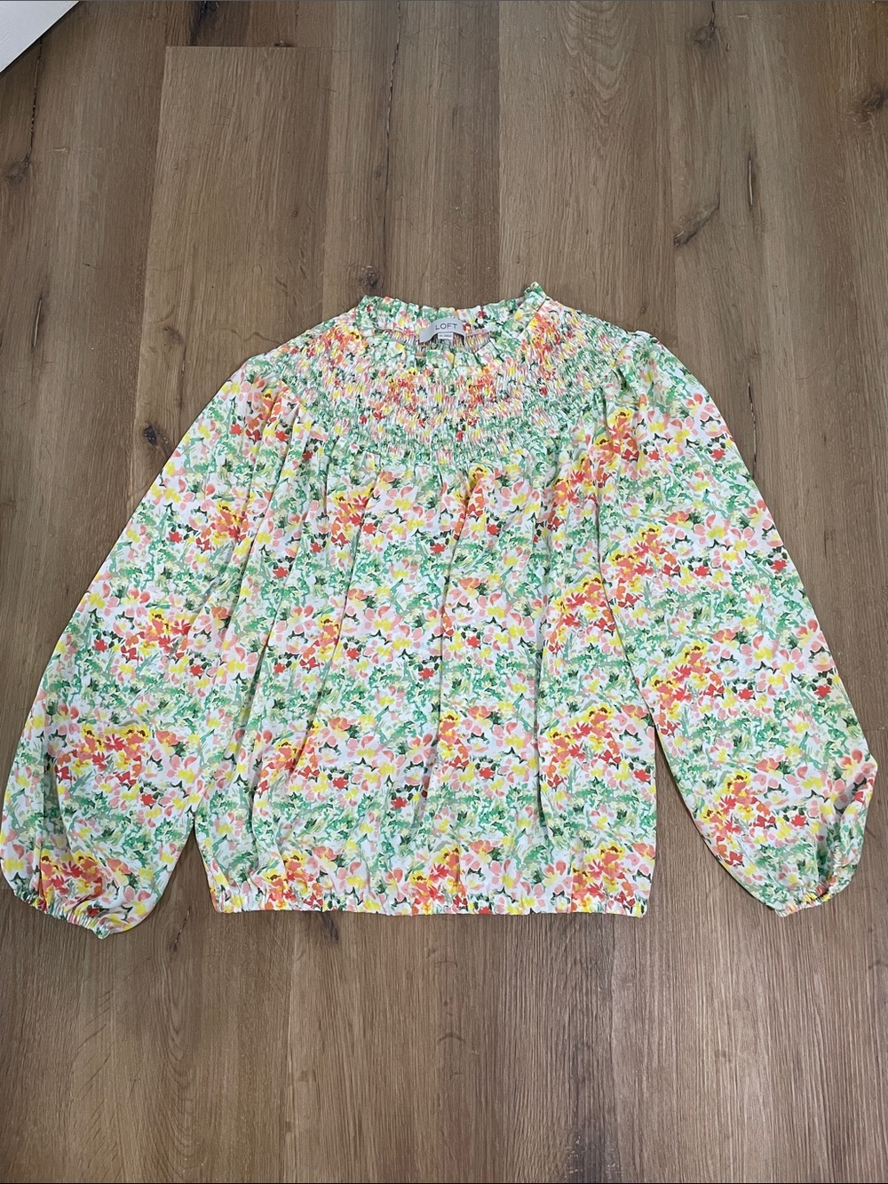 LOFT Floral Smocked-Neck Long Sleeve Blouse